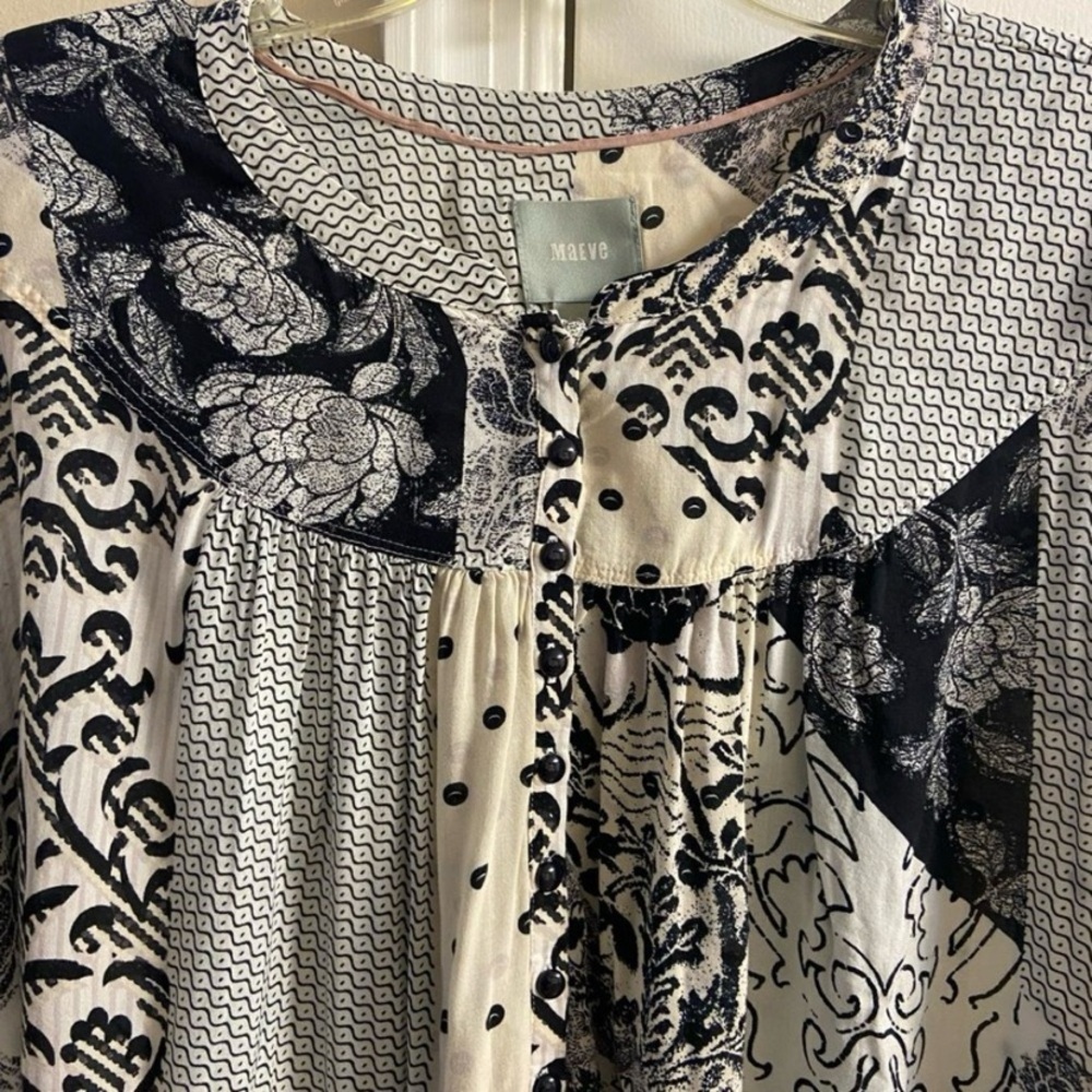 Anthropologie maeve linden Black and Cream Patterned Blouse Large - Picture 3 of 8